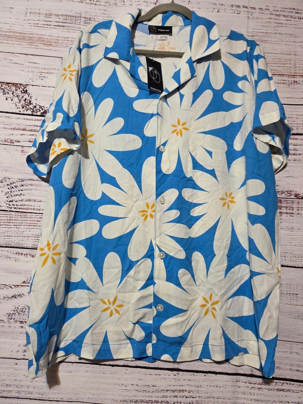 Original Use Shirt Men's Large Blue White Hawaiian Button Front Short Sleeve